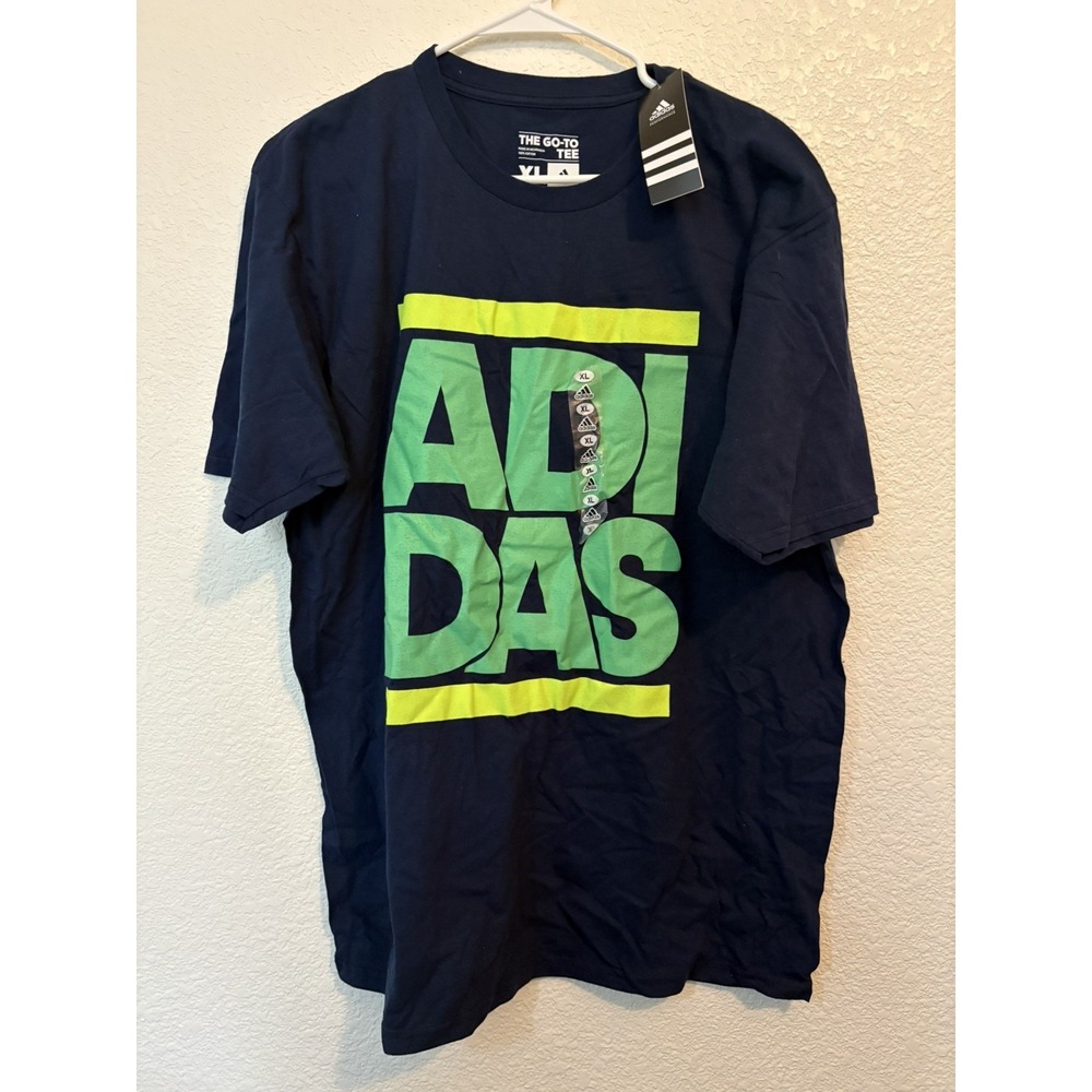 Adidas Shirt Men XL Navy Blue Crew Tee Spell Out Chest Hit Logo Go To Tee